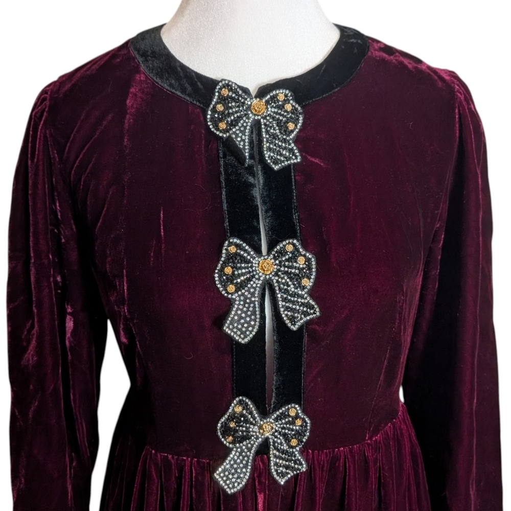 UUNIQ Burgundy Dress With Rhinestone Bows Midi Velvet The Great Gatsby Size Med - Picture 5 of 10